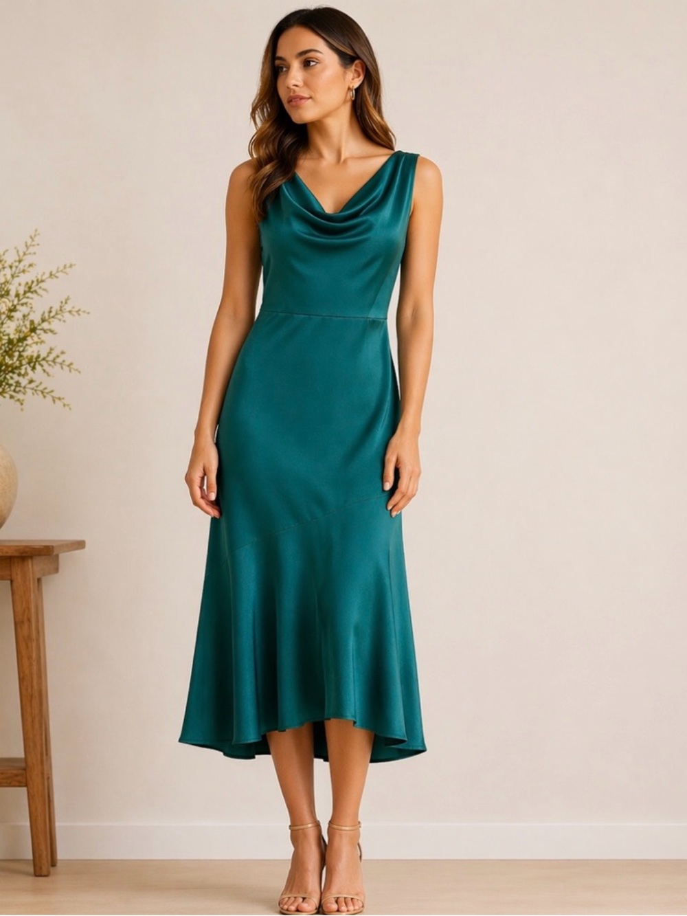 Sam Edelman Teal Satin Cowl-Neck Midi Dress